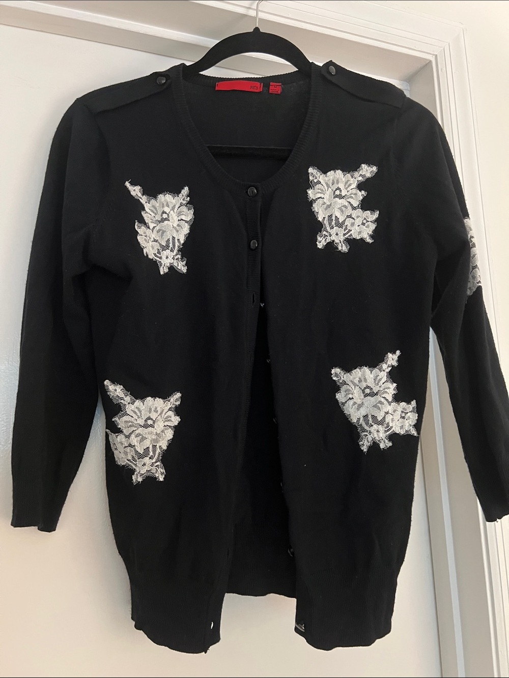 Red Black Cardigan with White Floral Appliqué